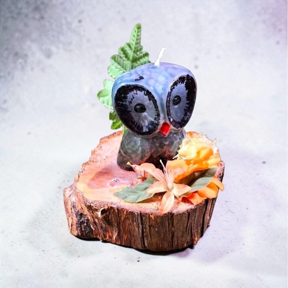 Vintage Owl Candle Wood Slice Base Folk Art 1970s Woodland Cottagecore Decor